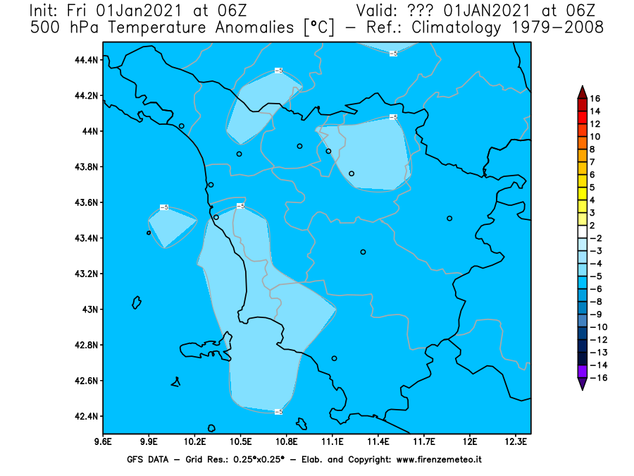 Mappa di analisi GFS - Anomalia Temperatura [°C] a 500 hPa in Toscana
							del 01/01/2021 06 <!--googleoff: index-->UTC<!--googleon: index-->