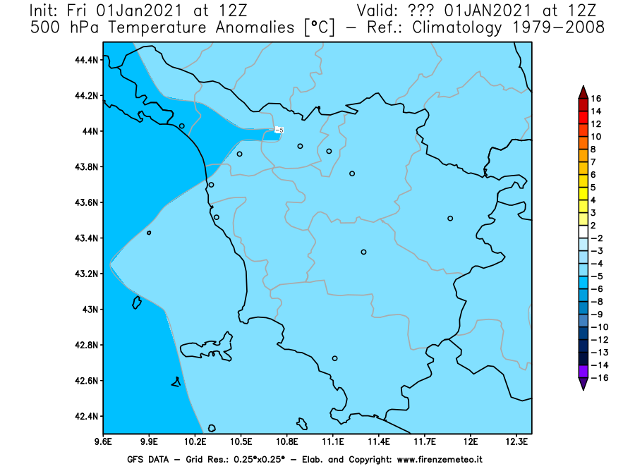 Mappa di analisi GFS - Anomalia Temperatura [°C] a 500 hPa in Toscana
							del 01/01/2021 12 <!--googleoff: index-->UTC<!--googleon: index-->