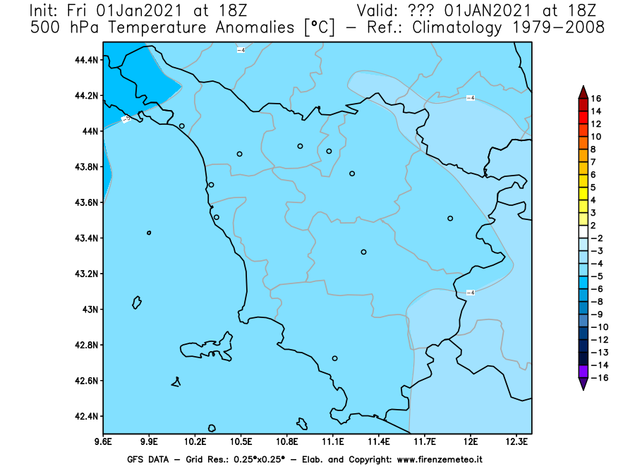 Mappa di analisi GFS - Anomalia Temperatura [°C] a 500 hPa in Toscana
							del 01/01/2021 18 <!--googleoff: index-->UTC<!--googleon: index-->