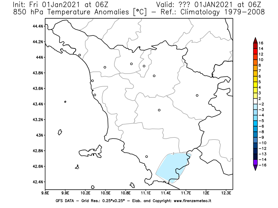 Mappa di analisi GFS - Anomalia Temperatura [°C] a 850 hPa in Toscana
							del 01/01/2021 06 <!--googleoff: index-->UTC<!--googleon: index-->