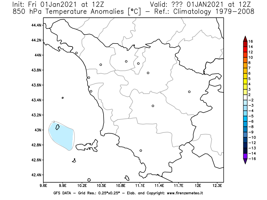 Mappa di analisi GFS - Anomalia Temperatura [°C] a 850 hPa in Toscana
							del 01/01/2021 12 <!--googleoff: index-->UTC<!--googleon: index-->