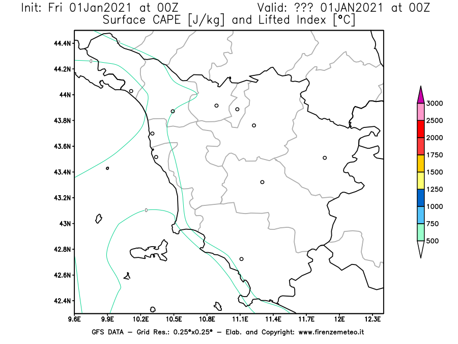 Mappa di analisi GFS - CAPE [J/kg] e Lifted Index [°C] in Toscana
							del 01/01/2021 00 <!--googleoff: index-->UTC<!--googleon: index-->