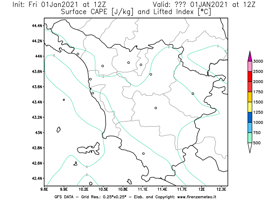 Mappa di analisi GFS - CAPE [J/kg] e Lifted Index [°C] in Toscana
							del 01/01/2021 12 <!--googleoff: index-->UTC<!--googleon: index-->