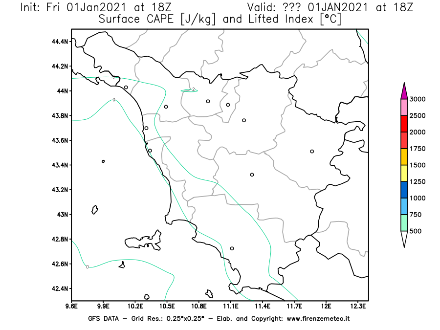 Mappa di analisi GFS - CAPE [J/kg] e Lifted Index [°C] in Toscana
							del 01/01/2021 18 <!--googleoff: index-->UTC<!--googleon: index-->