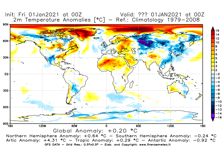 Mappa di analisi GFS - Anomalia Temperatura [°C] a 2 m in World
							del 01/01/2021 00 <!--googleoff: index-->UTC<!--googleon: index-->