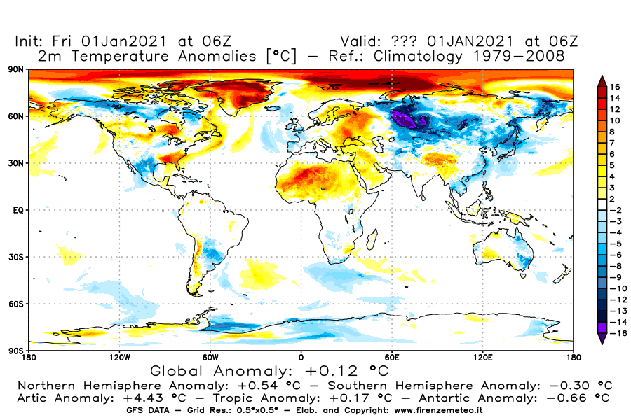 Mappa di analisi GFS - Anomalia Temperatura [°C] a 2 m in World
							del 01/01/2021 06 <!--googleoff: index-->UTC<!--googleon: index-->