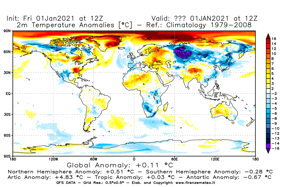 Mappa di analisi GFS - Anomalia Temperatura [°C] a 2 m in World
							del 01/01/2021 12 <!--googleoff: index-->UTC<!--googleon: index-->