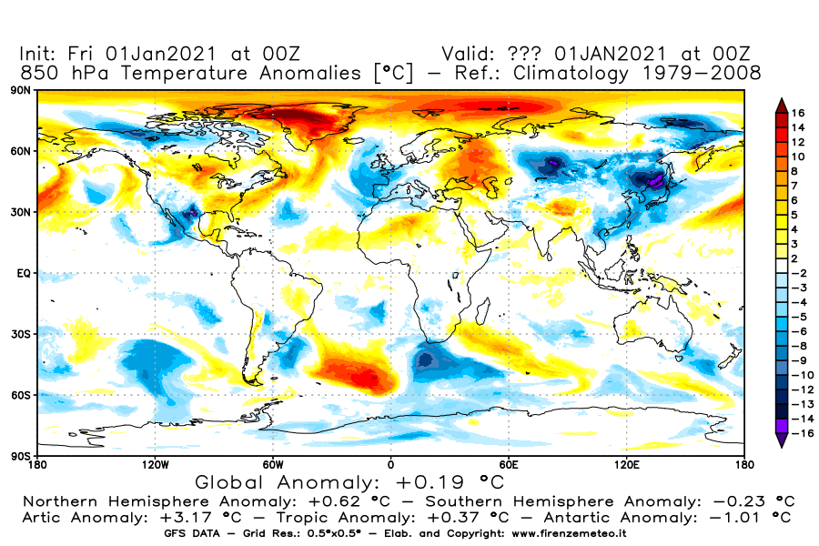 Mappa di analisi GFS - Anomalia Temperatura [°C] a 850 hPa in World
							del 01/01/2021 00 <!--googleoff: index-->UTC<!--googleon: index-->