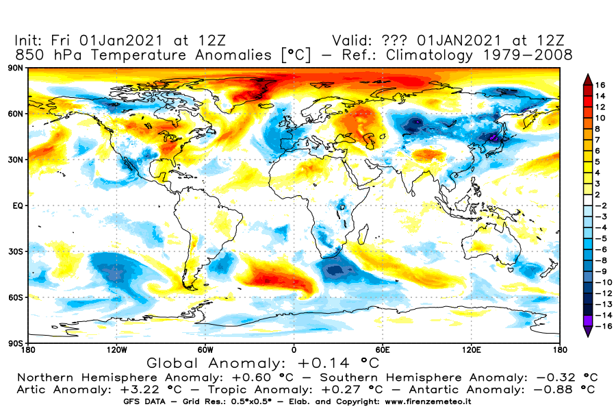 Mappa di analisi GFS - Anomalia Temperatura [°C] a 850 hPa in World
							del 01/01/2021 12 <!--googleoff: index-->UTC<!--googleon: index-->