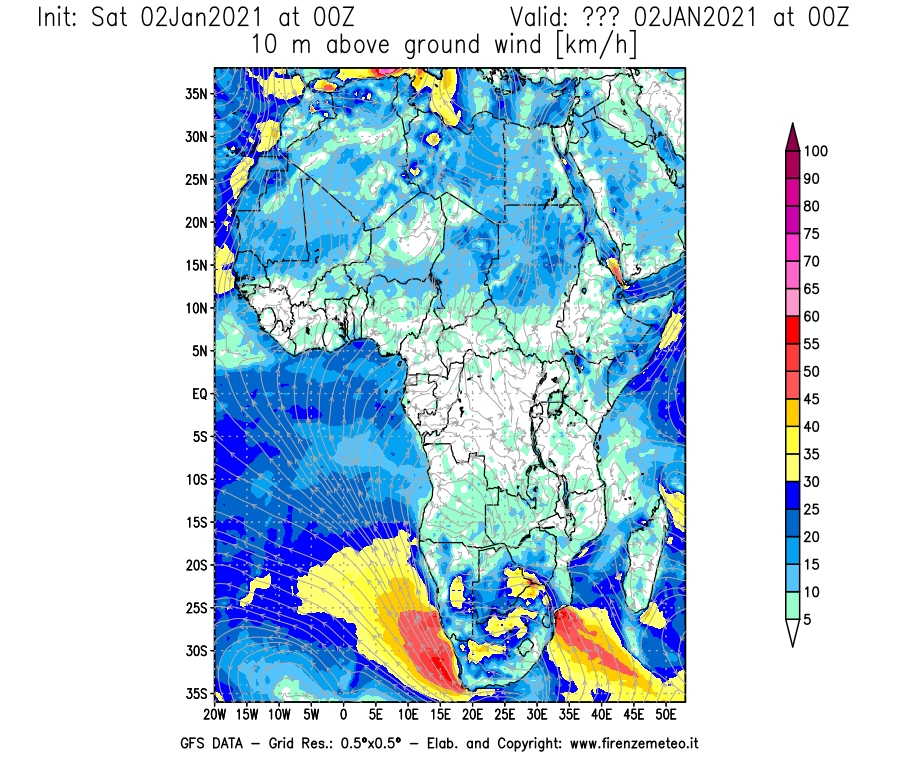 Mappa di analisi GFS - Velocità del vento a 10 metri dal suolo [km/h] in Africa
									del 02/01/2021 00 <!--googleoff: index-->UTC<!--googleon: index-->