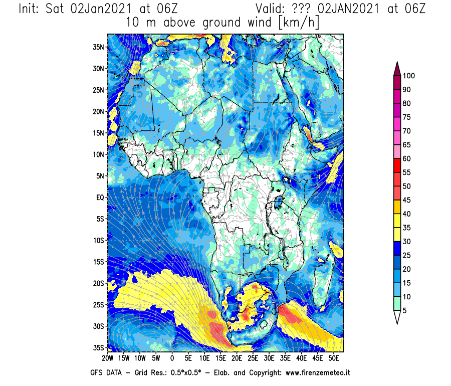 Mappa di analisi GFS - Velocità del vento a 10 metri dal suolo [km/h] in Africa
									del 02/01/2021 06 <!--googleoff: index-->UTC<!--googleon: index-->