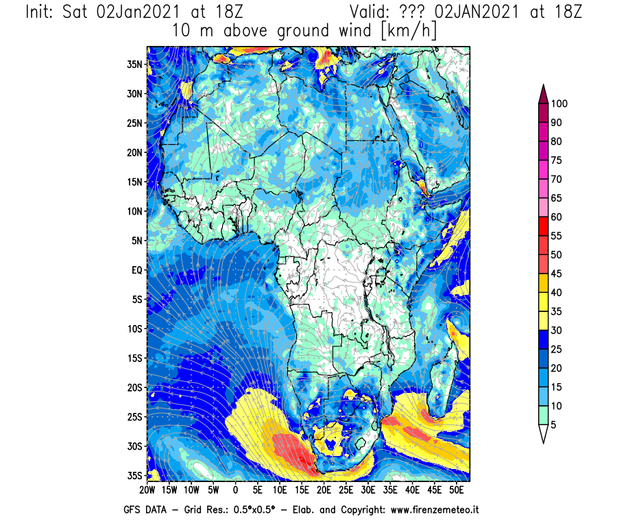 Mappa di analisi GFS - Velocità del vento a 10 metri dal suolo [km/h] in Africa
									del 02/01/2021 18 <!--googleoff: index-->UTC<!--googleon: index-->