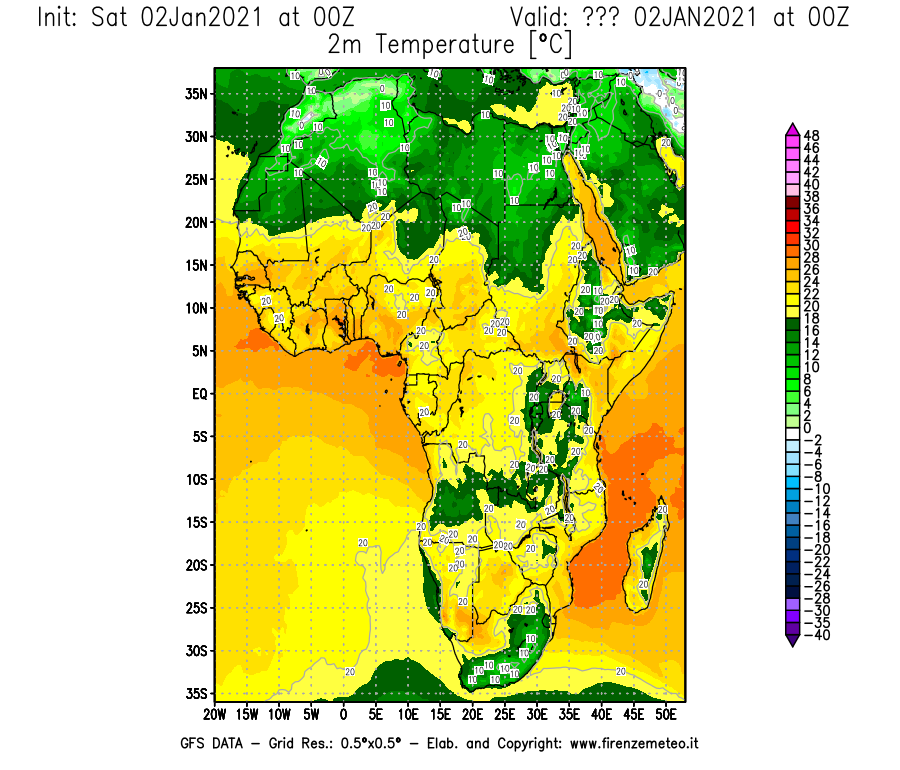 Mappa di analisi GFS - Temperatura a 2 metri dal suolo [°C] in Africa
									del 02/01/2021 00 <!--googleoff: index-->UTC<!--googleon: index-->