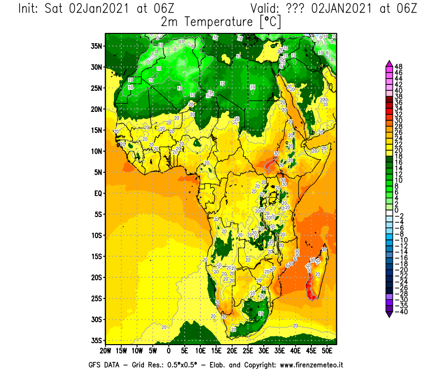 Mappa di analisi GFS - Temperatura a 2 metri dal suolo [°C] in Africa
									del 02/01/2021 06 <!--googleoff: index-->UTC<!--googleon: index-->