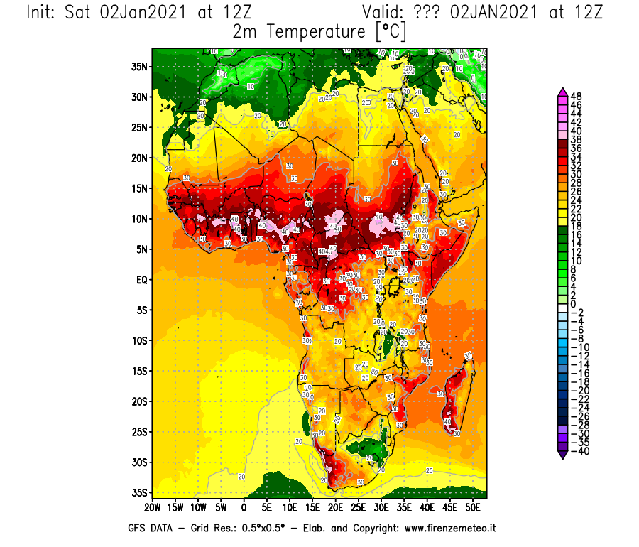 Mappa di analisi GFS - Temperatura a 2 metri dal suolo [°C] in Africa
									del 02/01/2021 12 <!--googleoff: index-->UTC<!--googleon: index-->