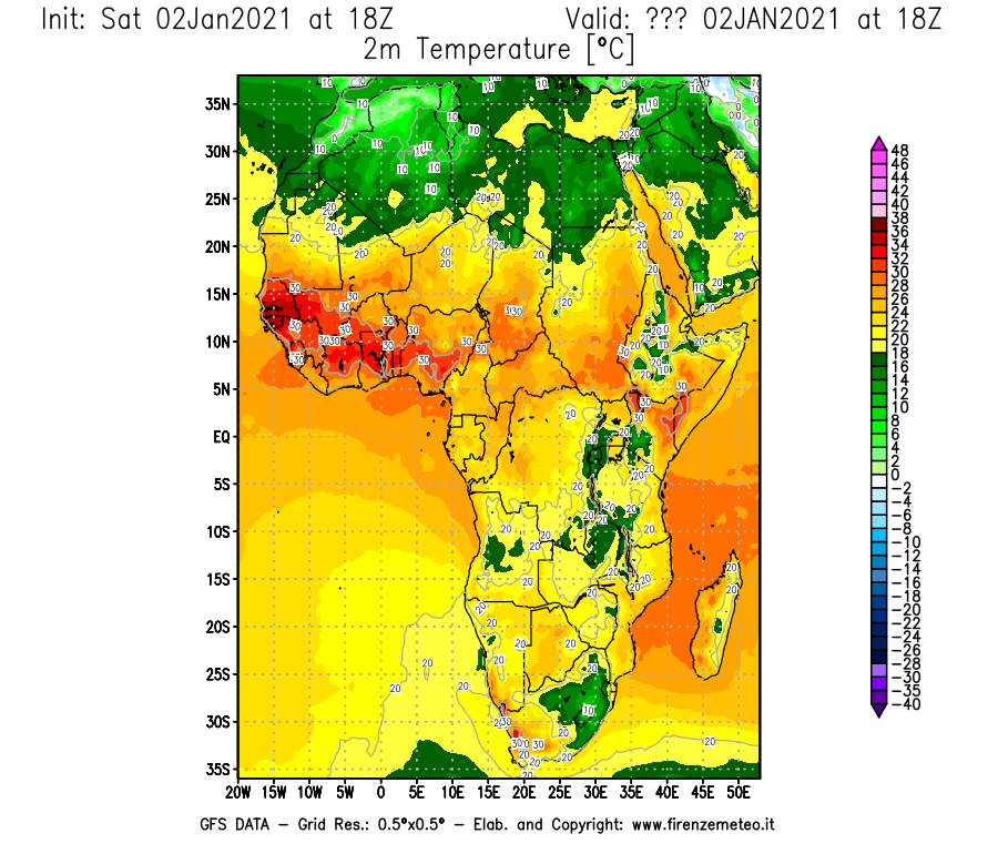 Mappa di analisi GFS - Temperatura a 2 metri dal suolo [°C] in Africa
									del 02/01/2021 18 <!--googleoff: index-->UTC<!--googleon: index-->