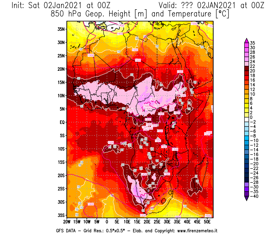 Mappa di analisi GFS - Geopotenziale [m] e Temperatura [°C] a 850 hPa in Africa
									del 02/01/2021 00 <!--googleoff: index-->UTC<!--googleon: index-->