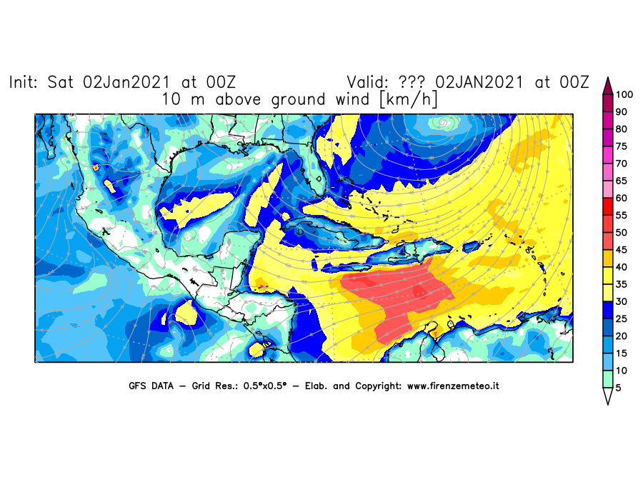 Mappa di analisi GFS - Velocità del vento a 10 metri dal suolo [km/h] in Centro-America
									del 02/01/2021 00 <!--googleoff: index-->UTC<!--googleon: index-->