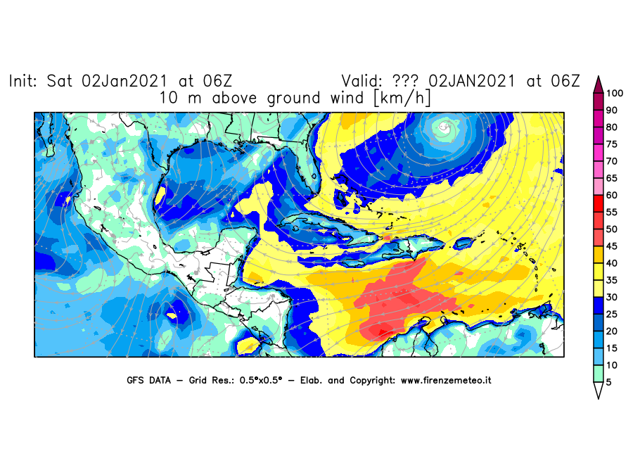 Mappa di analisi GFS - Velocità del vento a 10 metri dal suolo [km/h] in Centro-America
									del 02/01/2021 06 <!--googleoff: index-->UTC<!--googleon: index-->