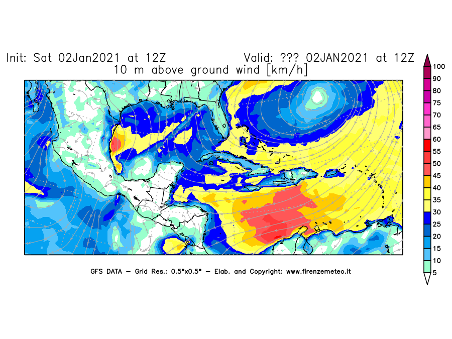 Mappa di analisi GFS - Velocità del vento a 10 metri dal suolo [km/h] in Centro-America
									del 02/01/2021 12 <!--googleoff: index-->UTC<!--googleon: index-->