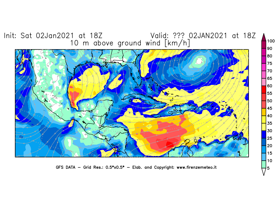 Mappa di analisi GFS - Velocità del vento a 10 metri dal suolo [km/h] in Centro-America
									del 02/01/2021 18 <!--googleoff: index-->UTC<!--googleon: index-->