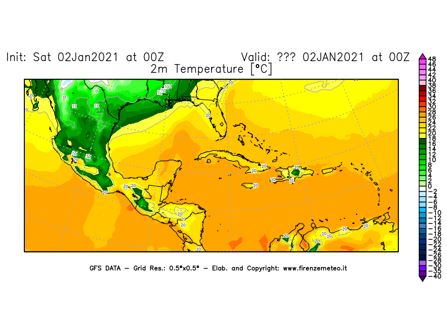 Mappa di analisi GFS - Temperatura a 2 metri dal suolo [°C] in Centro-America
									del 02/01/2021 00 <!--googleoff: index-->UTC<!--googleon: index-->