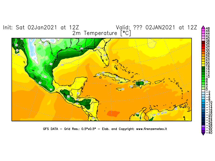 Mappa di analisi GFS - Temperatura a 2 metri dal suolo [°C] in Centro-America
									del 02/01/2021 12 <!--googleoff: index-->UTC<!--googleon: index-->