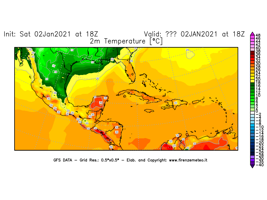 Mappa di analisi GFS - Temperatura a 2 metri dal suolo [°C] in Centro-America
									del 02/01/2021 18 <!--googleoff: index-->UTC<!--googleon: index-->