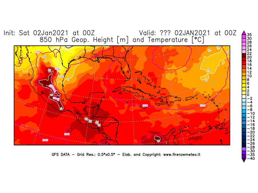 Mappa di analisi GFS - Geopotenziale [m] e Temperatura [°C] a 850 hPa in Centro-America
									del 02/01/2021 00 <!--googleoff: index-->UTC<!--googleon: index-->