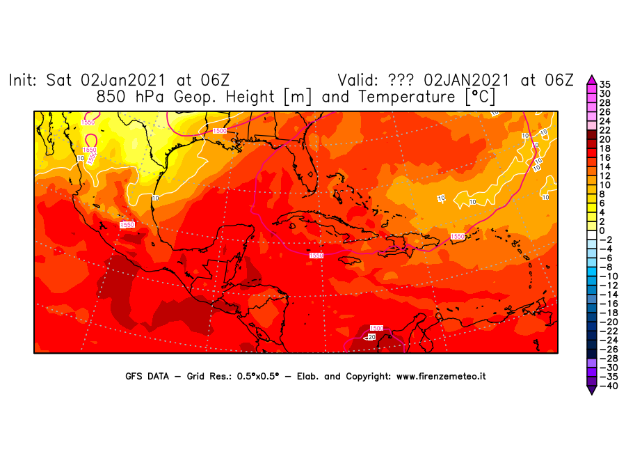 Mappa di analisi GFS - Geopotenziale [m] e Temperatura [°C] a 850 hPa in Centro-America
									del 02/01/2021 06 <!--googleoff: index-->UTC<!--googleon: index-->