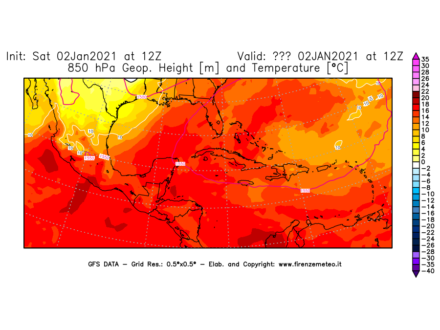 Mappa di analisi GFS - Geopotenziale [m] e Temperatura [°C] a 850 hPa in Centro-America
									del 02/01/2021 12 <!--googleoff: index-->UTC<!--googleon: index-->