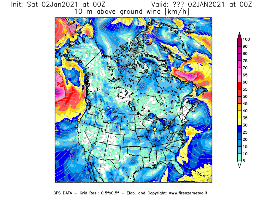 Mappa di analisi GFS - Velocità del vento a 10 metri dal suolo [km/h] in Nord-America
									del 02/01/2021 00 <!--googleoff: index-->UTC<!--googleon: index-->