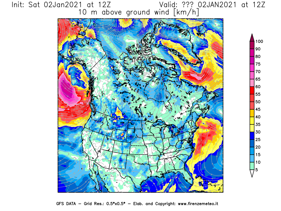 Mappa di analisi GFS - Velocità del vento a 10 metri dal suolo [km/h] in Nord-America
									del 02/01/2021 12 <!--googleoff: index-->UTC<!--googleon: index-->