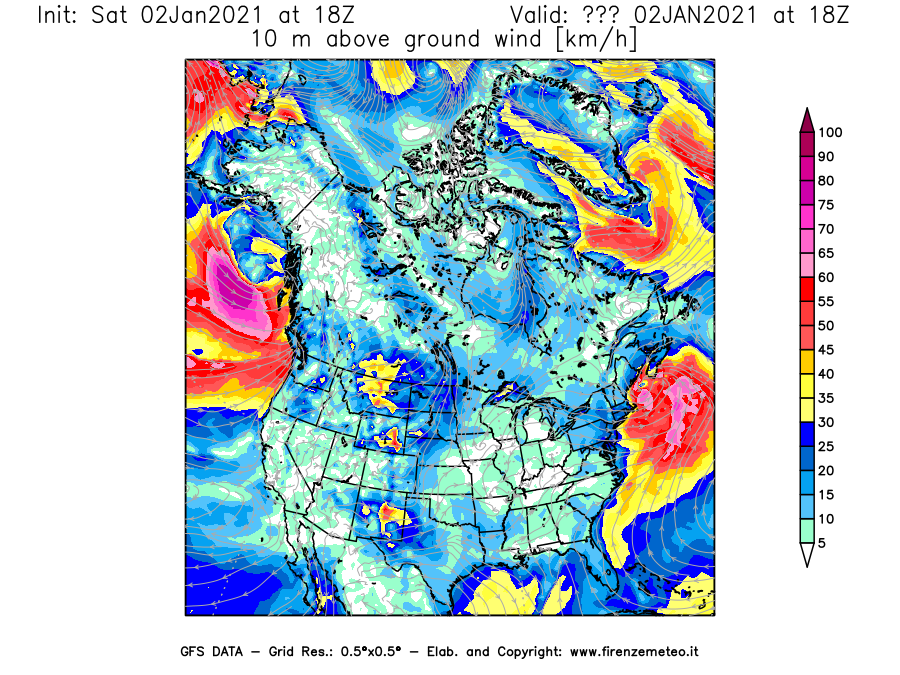 Mappa di analisi GFS - Velocità del vento a 10 metri dal suolo [km/h] in Nord-America
									del 02/01/2021 18 <!--googleoff: index-->UTC<!--googleon: index-->