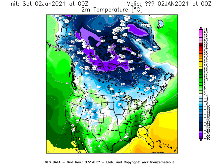Mappa di analisi GFS - Temperatura a 2 metri dal suolo [°C] in Nord-America
									del 02/01/2021 00 <!--googleoff: index-->UTC<!--googleon: index-->
