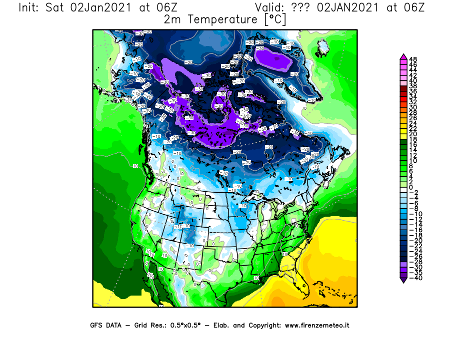 Mappa di analisi GFS - Temperatura a 2 metri dal suolo [°C] in Nord-America
									del 02/01/2021 06 <!--googleoff: index-->UTC<!--googleon: index-->