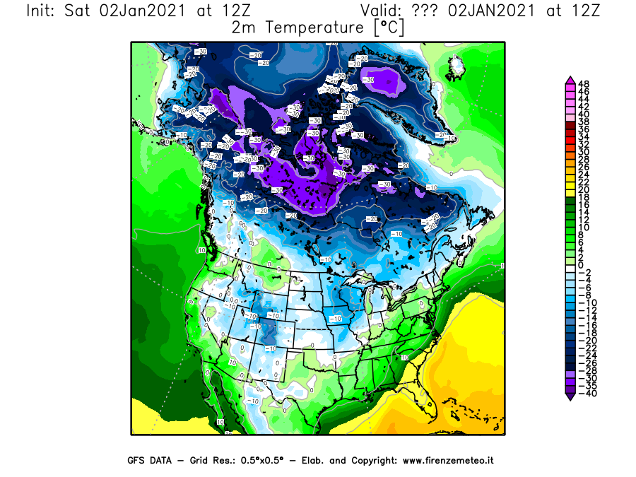 Mappa di analisi GFS - Temperatura a 2 metri dal suolo [°C] in Nord-America
									del 02/01/2021 12 <!--googleoff: index-->UTC<!--googleon: index-->