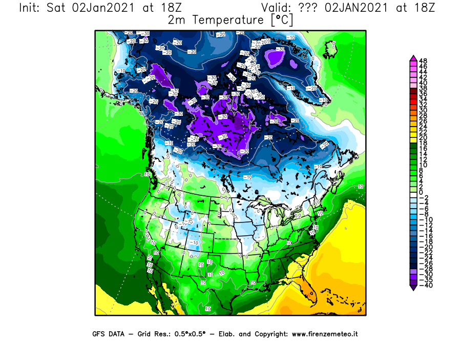 Mappa di analisi GFS - Temperatura a 2 metri dal suolo [°C] in Nord-America
									del 02/01/2021 18 <!--googleoff: index-->UTC<!--googleon: index-->