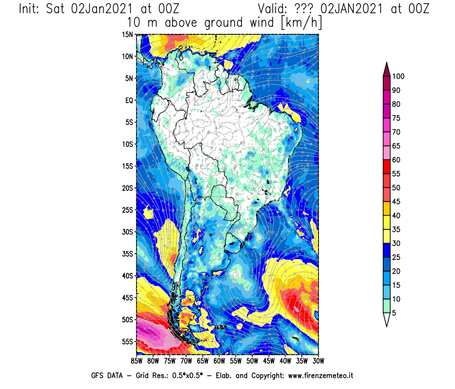 Mappa di analisi GFS - Velocità del vento a 10 metri dal suolo [km/h] in Sud-America
									del 02/01/2021 00 <!--googleoff: index-->UTC<!--googleon: index-->