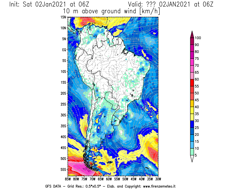 Mappa di analisi GFS - Velocità del vento a 10 metri dal suolo [km/h] in Sud-America
									del 02/01/2021 06 <!--googleoff: index-->UTC<!--googleon: index-->