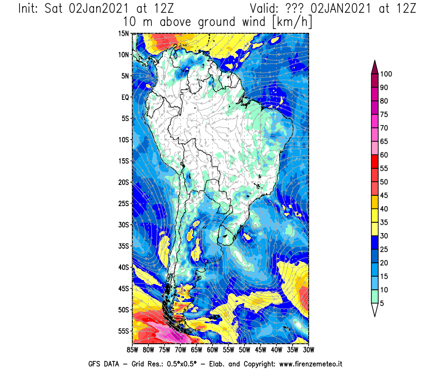 Mappa di analisi GFS - Velocità del vento a 10 metri dal suolo [km/h] in Sud-America
									del 02/01/2021 12 <!--googleoff: index-->UTC<!--googleon: index-->
