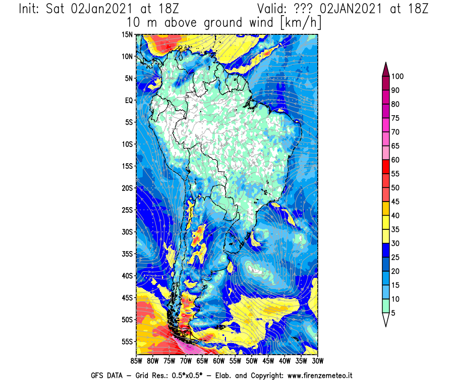 Mappa di analisi GFS - Velocità del vento a 10 metri dal suolo [km/h] in Sud-America
									del 02/01/2021 18 <!--googleoff: index-->UTC<!--googleon: index-->