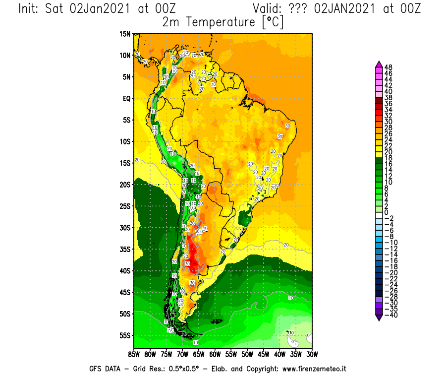 Mappa di analisi GFS - Temperatura a 2 metri dal suolo [°C] in Sud-America
									del 02/01/2021 00 <!--googleoff: index-->UTC<!--googleon: index-->