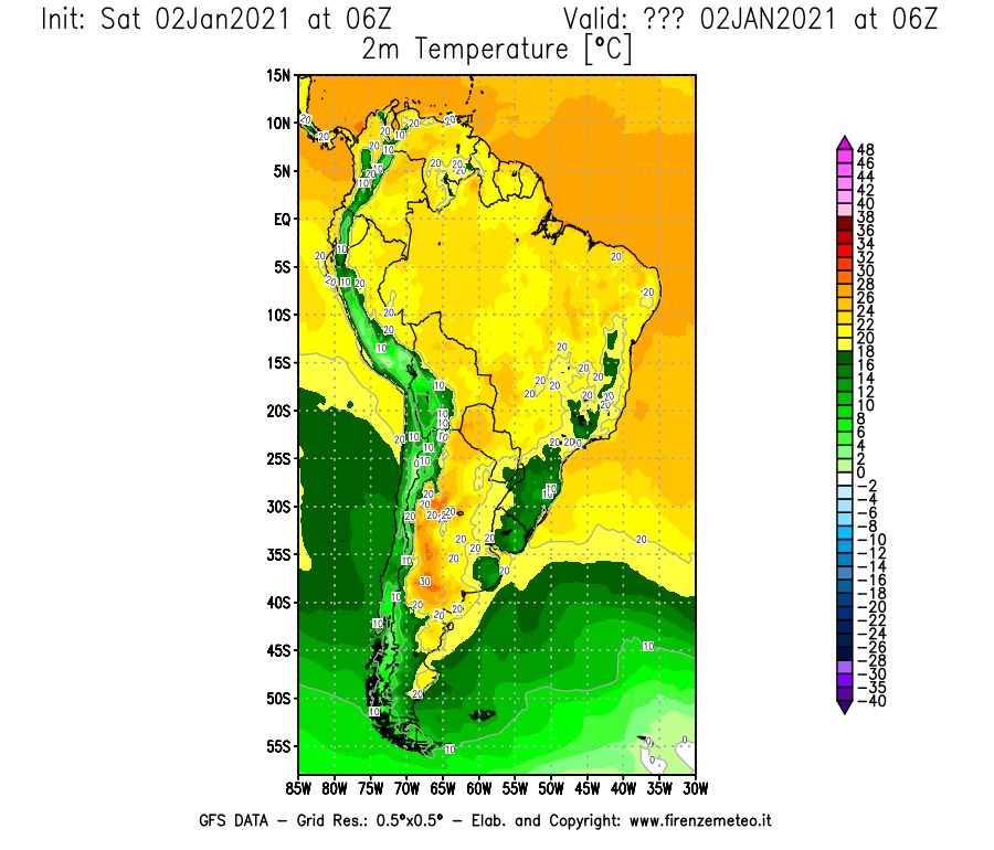Mappa di analisi GFS - Temperatura a 2 metri dal suolo [°C] in Sud-America
									del 02/01/2021 06 <!--googleoff: index-->UTC<!--googleon: index-->
