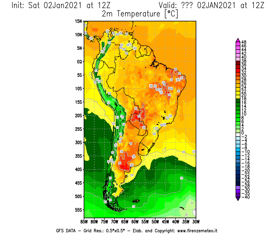 Mappa di analisi GFS - Temperatura a 2 metri dal suolo [°C] in Sud-America
									del 02/01/2021 12 <!--googleoff: index-->UTC<!--googleon: index-->