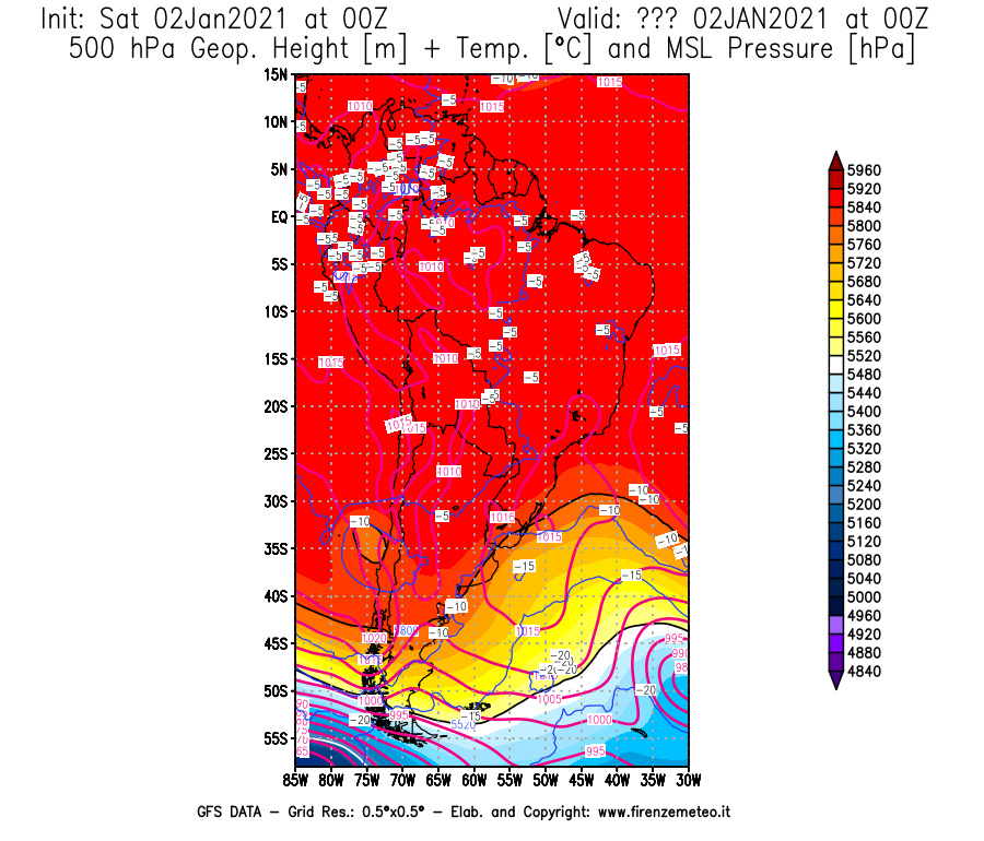 Mappa di analisi GFS - Geopotenziale [m] + Temp. [°C] a 500 hPa + Press. a livello del mare [hPa] in Sud-America
									del 02/01/2021 00 <!--googleoff: index-->UTC<!--googleon: index-->