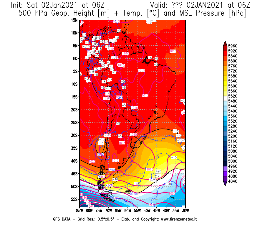Mappa di analisi GFS - Geopotenziale [m] + Temp. [°C] a 500 hPa + Press. a livello del mare [hPa] in Sud-America
									del 02/01/2021 06 <!--googleoff: index-->UTC<!--googleon: index-->