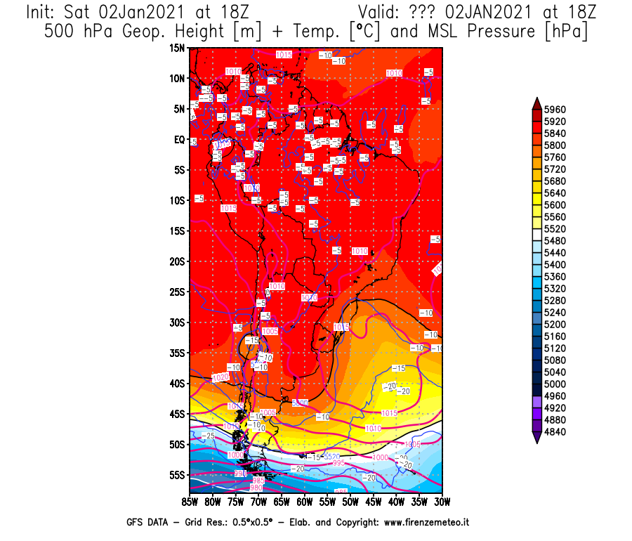 Mappa di analisi GFS - Geopotenziale [m] + Temp. [°C] a 500 hPa + Press. a livello del mare [hPa] in Sud-America
									del 02/01/2021 18 <!--googleoff: index-->UTC<!--googleon: index-->