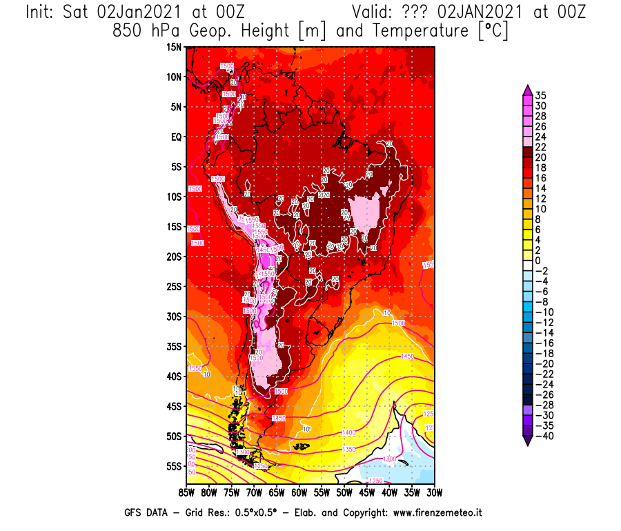 Mappa di analisi GFS - Geopotenziale [m] e Temperatura [°C] a 850 hPa in Sud-America
									del 02/01/2021 00 <!--googleoff: index-->UTC<!--googleon: index-->