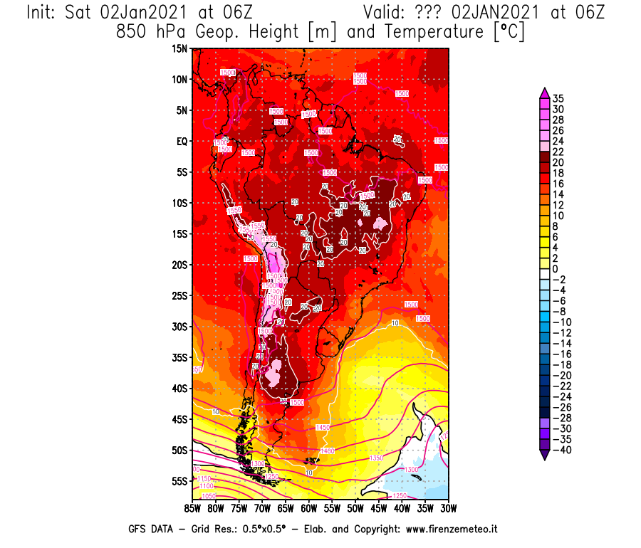 Mappa di analisi GFS - Geopotenziale [m] e Temperatura [°C] a 850 hPa in Sud-America
									del 02/01/2021 06 <!--googleoff: index-->UTC<!--googleon: index-->